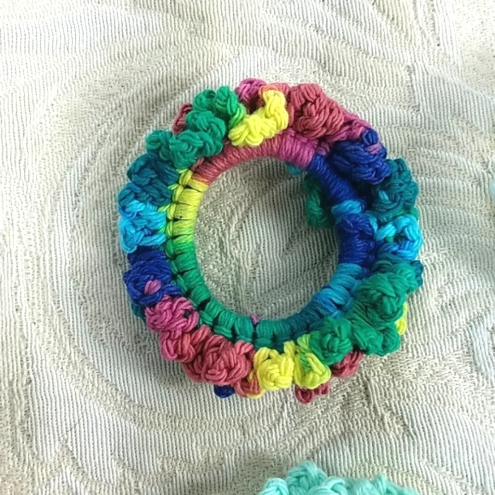 Scrunchies crocheted handmade lot of 4 bundle turquoise blue yellow multicolor